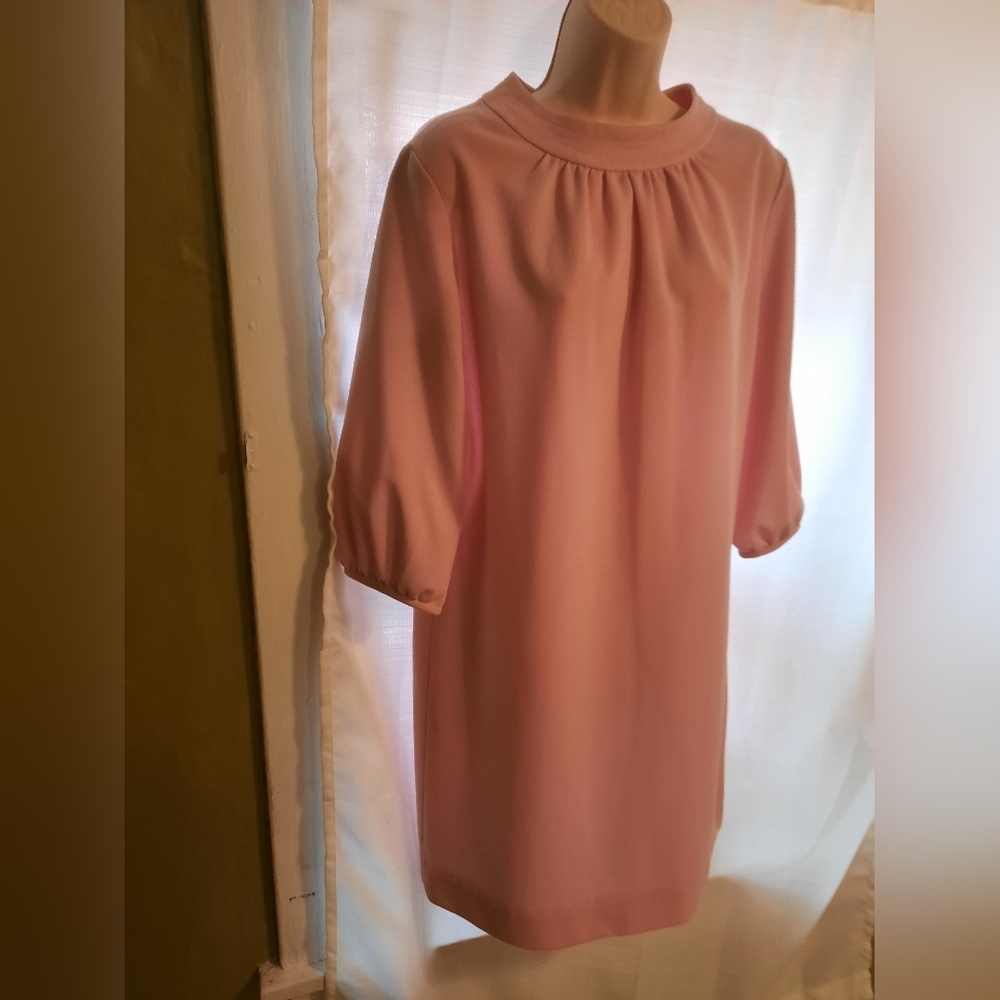Vintage Pink Sheath Dress with Bishop Sleeves and Mock Neck - Picture 11 of 12
